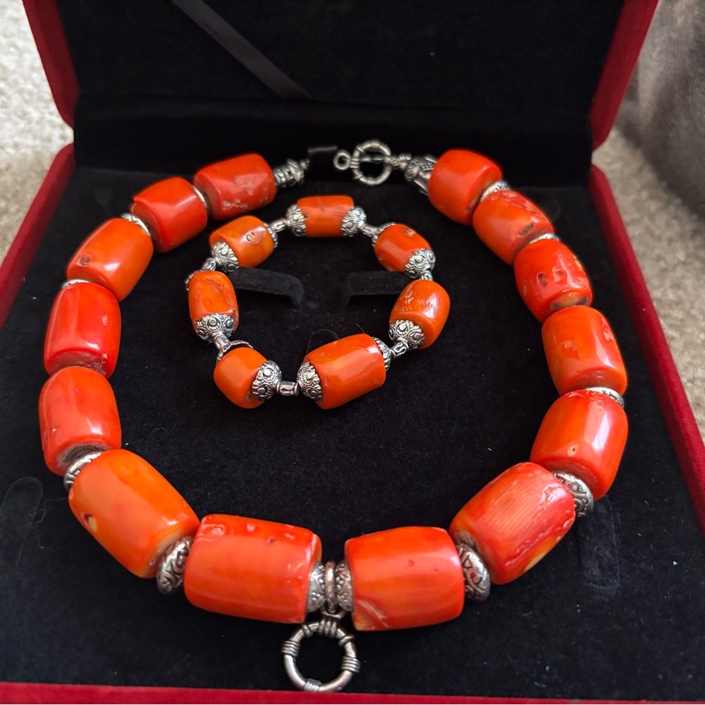 Vibrant Custom Coral Beaded Necklace and Bracelet Set